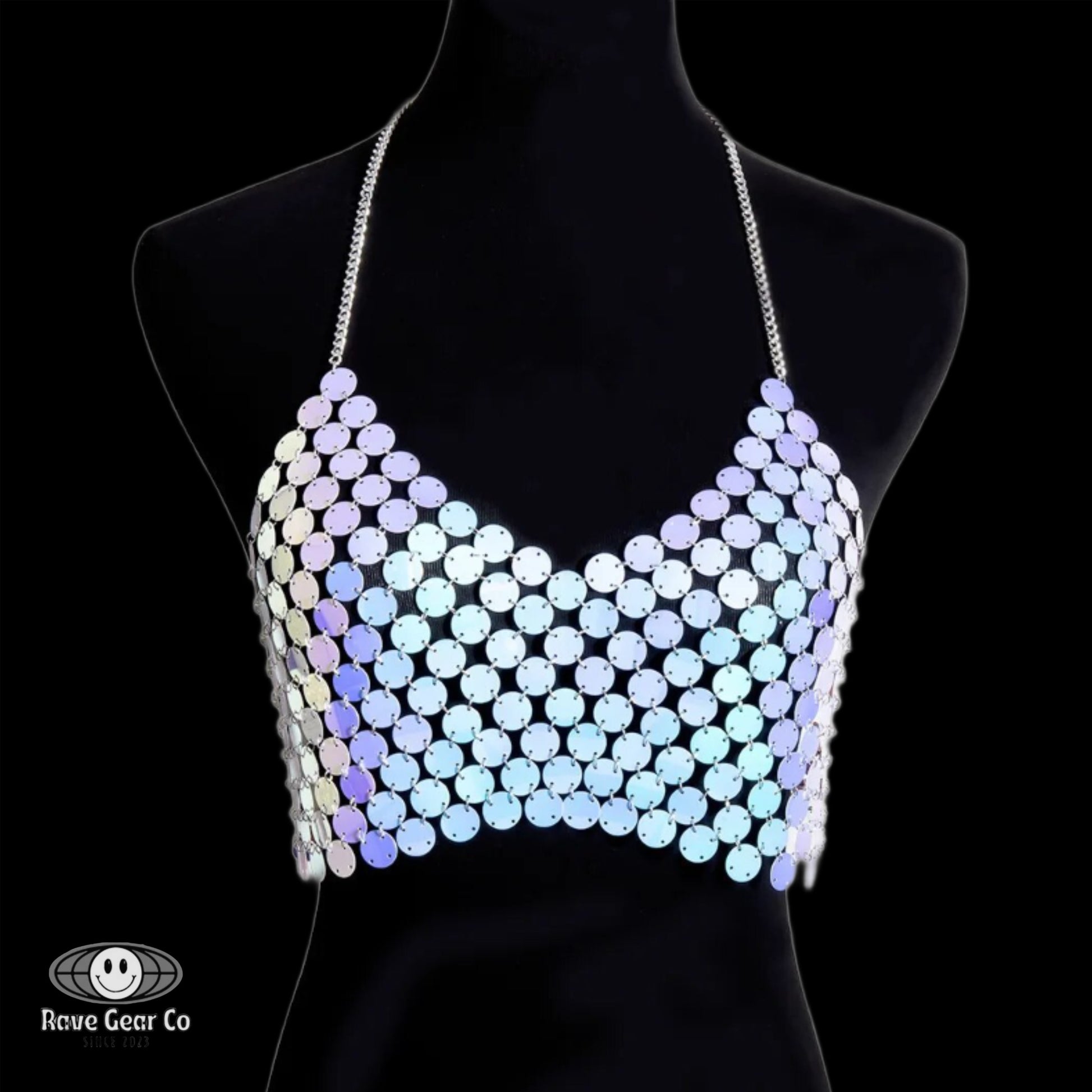 Rave Gear - Disco Ball Mirror Bra top rave festival set crop top and metal  chain belt backless